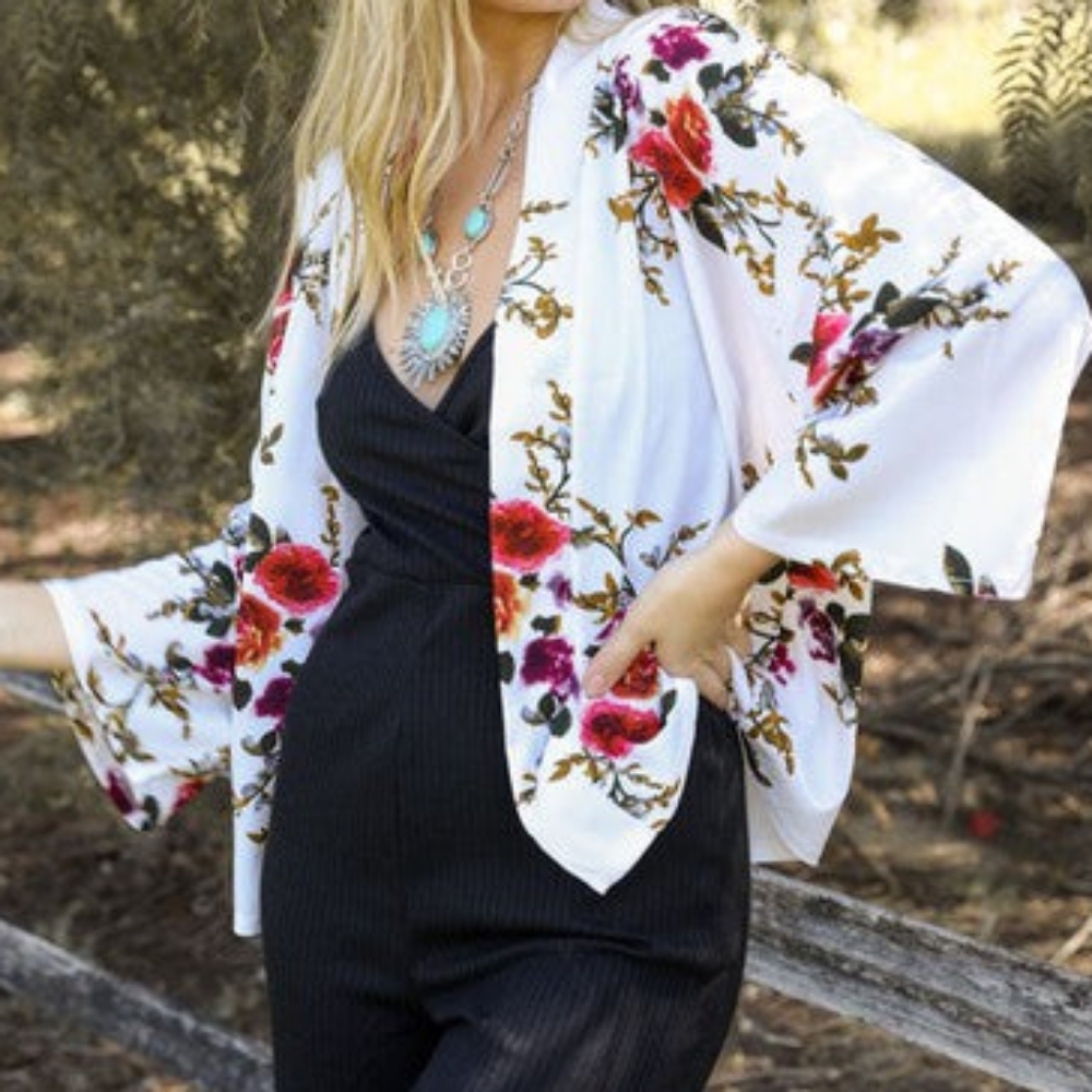 Lush Rose White Floral Kimono OS
